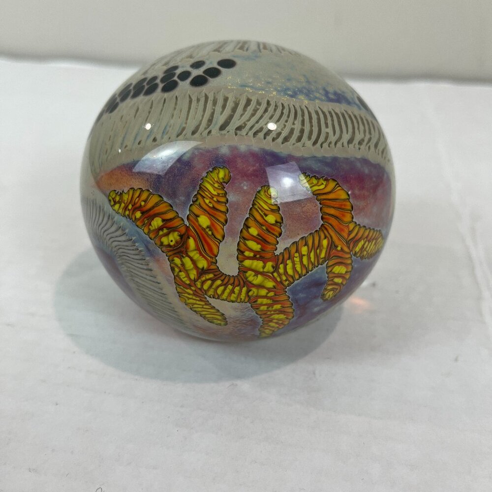 Sea Star Themed Art Glass Paperweight Approx. 4", Signed K. Walton